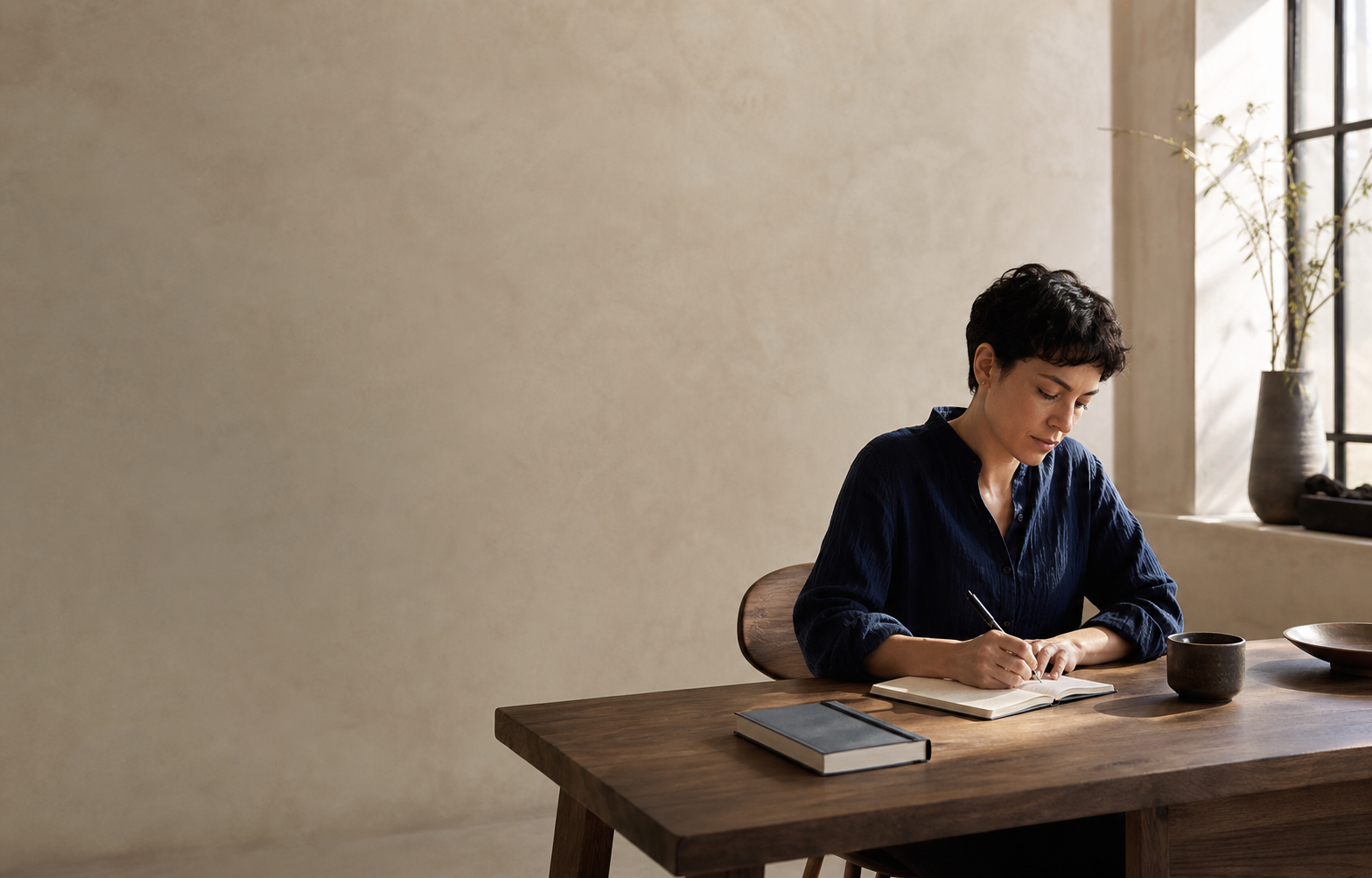 A person writing attentively in a notebook at a quiet desk.