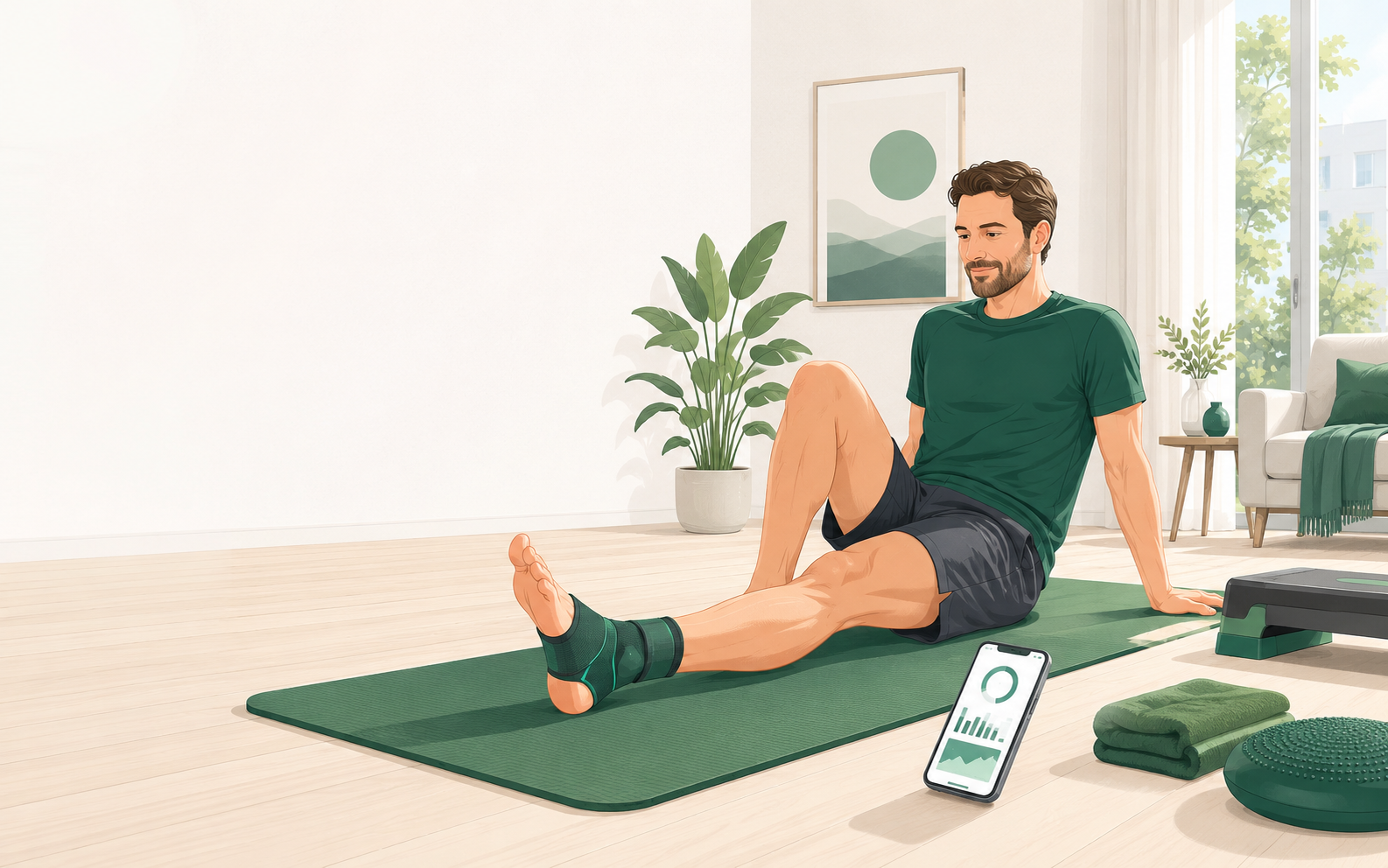 Person absolviert eine Sprunggelenk-Reha zu Hause mit Smartphone, Trainingsmatte und Balance-Hilfsmitteln.